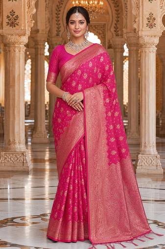 Pink Jacquard silk blend Rich Woven Zari Border Traditional Saree With Unstitched Blouse Piece