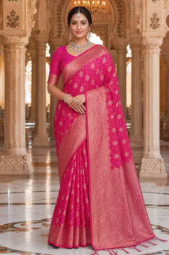 Pink Jacquard silk blend Rich Woven Zari Border Traditional Saree With Unstitched Blouse Piece