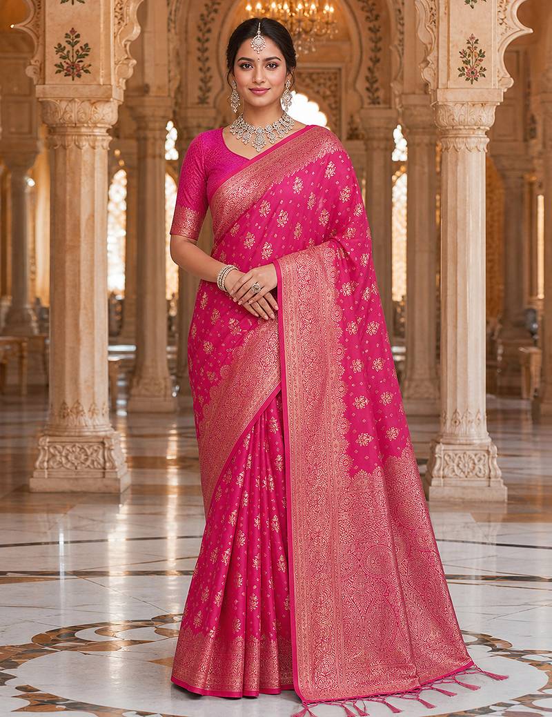 Pink Jacquard silk blend Rich Woven Zari Border Traditional Saree With Unstitched Blouse Piece
