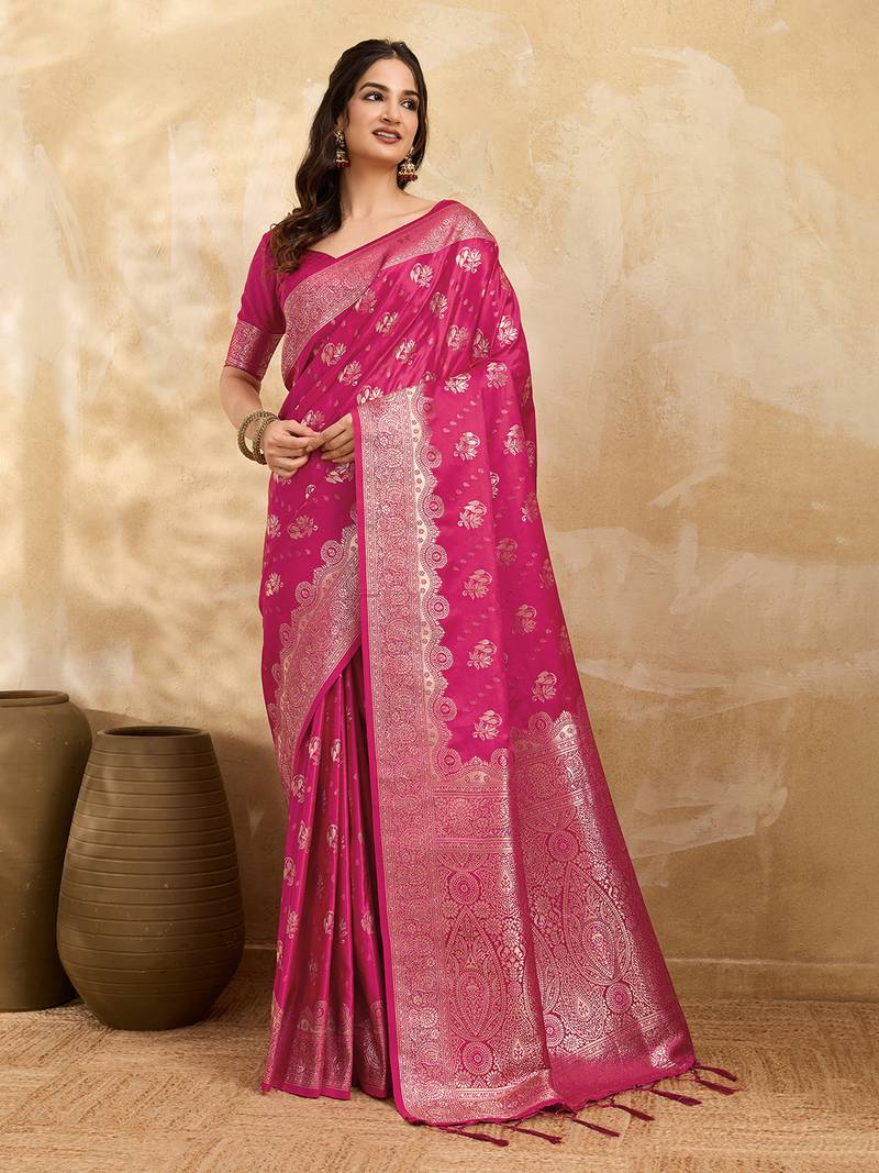 Pink Jacquard silk blend Rich Woven Zari Border Traditional Saree With Unstitched Blouse Piece