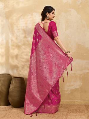 Pink Jacquard silk blend Rich Woven Zari Border Traditional Saree With Unstitched Blouse Piece 2