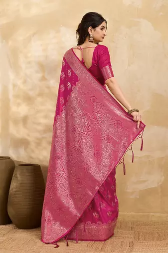 Pink Jacquard silk blend Rich Woven Zari Border Traditional Saree With Unstitched Blouse Piece