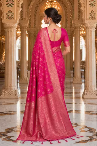 Pink Jacquard silk blend Rich Woven Zari Border Traditional Saree With Unstitched Blouse Piece