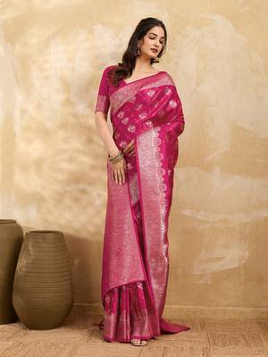 Pink Jacquard silk blend Rich Woven Zari Border Traditional Saree With Unstitched Blouse Piece 3