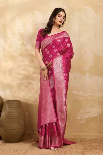 Pink Jacquard silk blend Rich Woven Zari Border Traditional Saree With Unstitched Blouse Piece