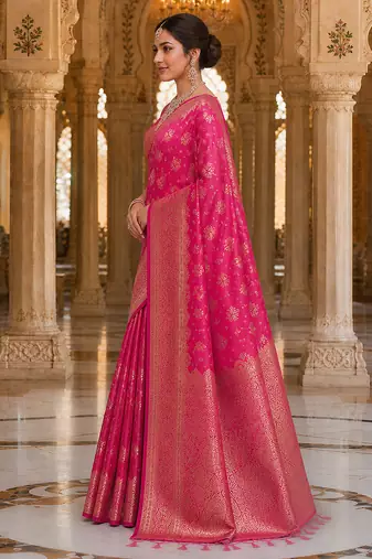 Pink Jacquard silk blend Rich Woven Zari Border Traditional Saree With Unstitched Blouse Piece