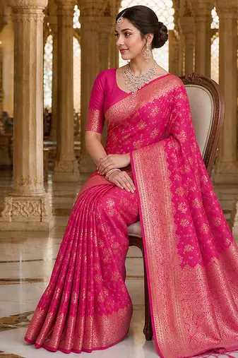 Pink Jacquard silk blend Rich Woven Zari Border Traditional Saree With Unstitched Blouse Piece