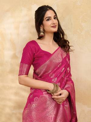 Pink Jacquard silk blend Rich Woven Zari Border Traditional Saree With Unstitched Blouse Piece 4