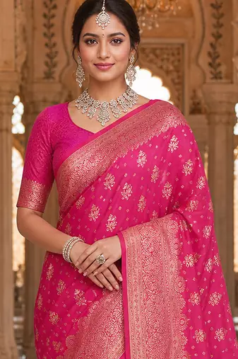 Pink Jacquard silk blend Rich Woven Zari Border Traditional Saree With Unstitched Blouse Piece