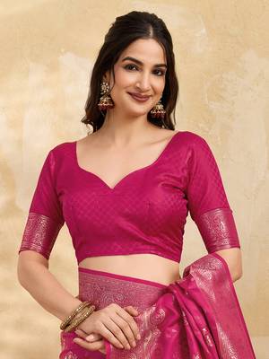 Pink Jacquard silk blend Rich Woven Zari Border Traditional Saree With Unstitched Blouse Piece 5