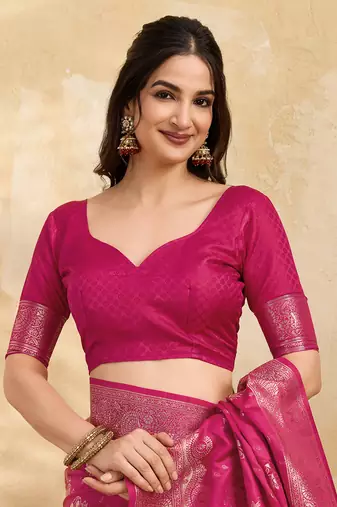 Pink Jacquard silk blend Rich Woven Zari Border Traditional Saree With Unstitched Blouse Piece