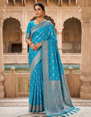 Turquoise Jacquard silk blend Rich Woven Zari Border Traditional Saree With Unstitched Blouse Piece 1