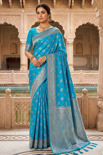 Turquoise Jacquard silk blend Rich Woven Zari Border Traditional Saree With Unstitched Blouse Piece