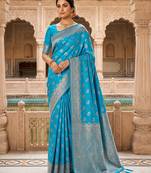 Turquoise Jacquard silk blend Rich Woven Zari Border Traditional Saree With Unstitched Blouse Piece