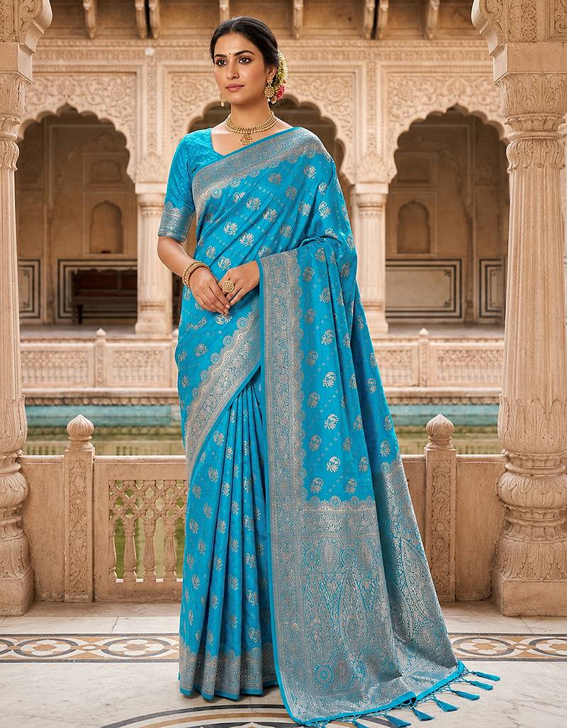 Turquoise Jacquard silk blend Rich Woven Zari Border Traditional Saree With Unstitched Blouse Piece