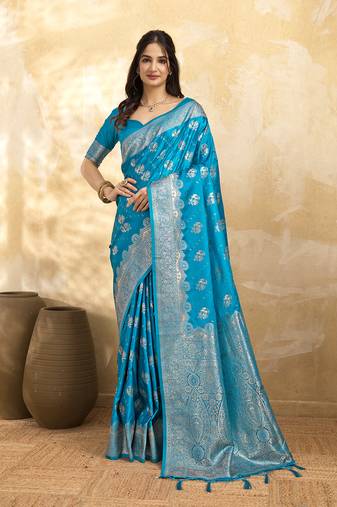 Turquoise Jacquard silk blend Rich Woven Zari Border Traditional Saree With Unstitched Blouse Piece