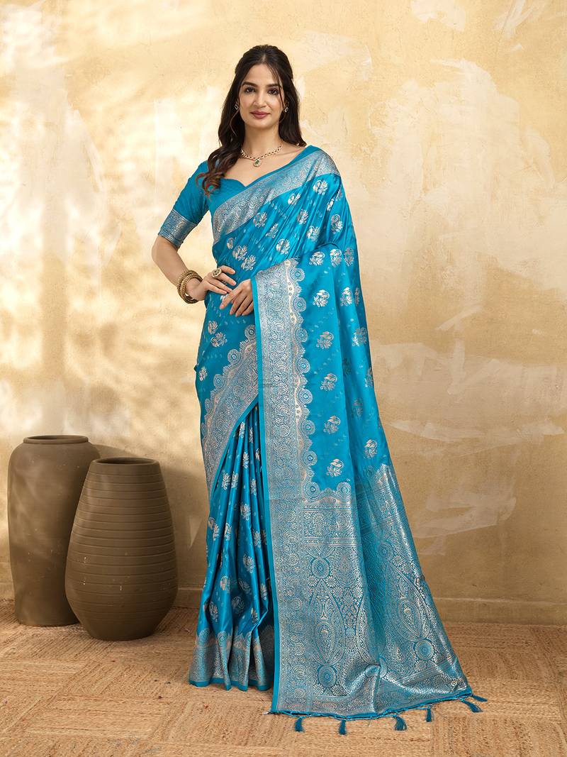 Turquoise Jacquard silk blend Rich Woven Zari Border Traditional Saree With Unstitched Blouse Piece