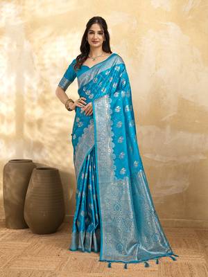 Turquoise Jacquard silk blend Rich Woven Zari Border Traditional Saree With Unstitched Blouse Piece 1