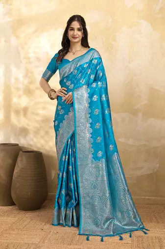 Turquoise Jacquard silk blend Rich Woven Zari Border Traditional Saree With Unstitched Blouse Piece
