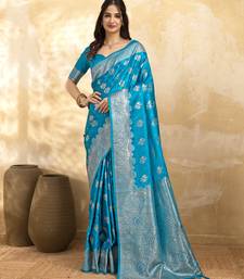 Turquoise Jacquard silk blend Rich Woven Zari Border Traditional Saree With Unstitched Blouse Piece
