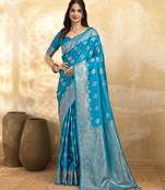 Turquoise Jacquard silk blend Rich Woven Zari Border Traditional Saree With Unstitched Blouse Piece