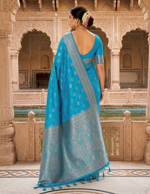 Turquoise Jacquard silk blend Rich Woven Zari Border Traditional Saree With Unstitched Blouse Piece 2