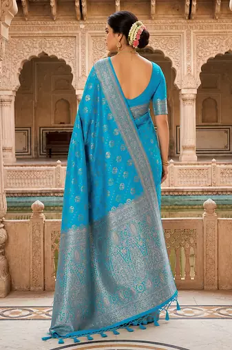 Turquoise Jacquard silk blend Rich Woven Zari Border Traditional Saree With Unstitched Blouse Piece
