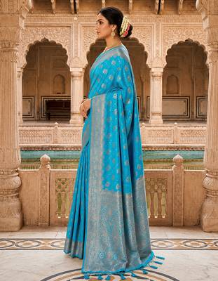 Turquoise Jacquard silk blend Rich Woven Zari Border Traditional Saree With Unstitched Blouse Piece 3