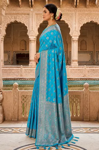 Turquoise Jacquard silk blend Rich Woven Zari Border Traditional Saree With Unstitched Blouse Piece