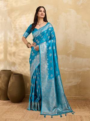 Turquoise Jacquard silk blend Rich Woven Zari Border Traditional Saree With Unstitched Blouse Piece 3