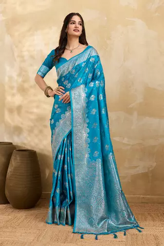 Turquoise Jacquard silk blend Rich Woven Zari Border Traditional Saree With Unstitched Blouse Piece