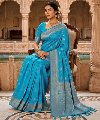 Turquoise Jacquard silk blend Rich Woven Zari Border Traditional Saree With Unstitched Blouse Piece 4