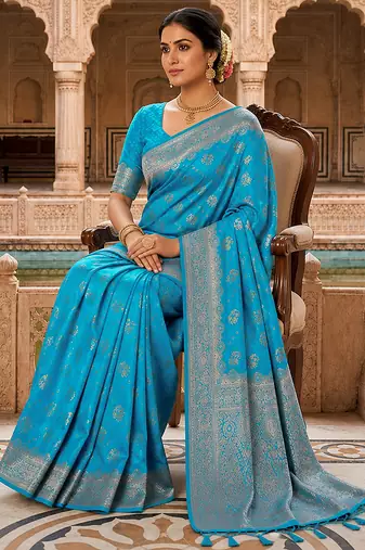 Turquoise Jacquard silk blend Rich Woven Zari Border Traditional Saree With Unstitched Blouse Piece