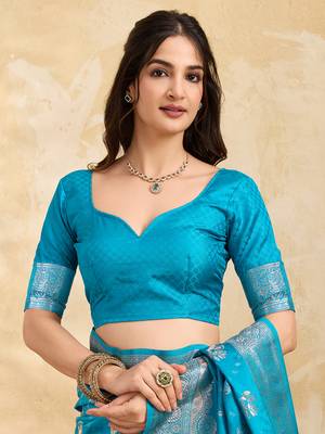 Turquoise Jacquard silk blend Rich Woven Zari Border Traditional Saree With Unstitched Blouse Piece 4