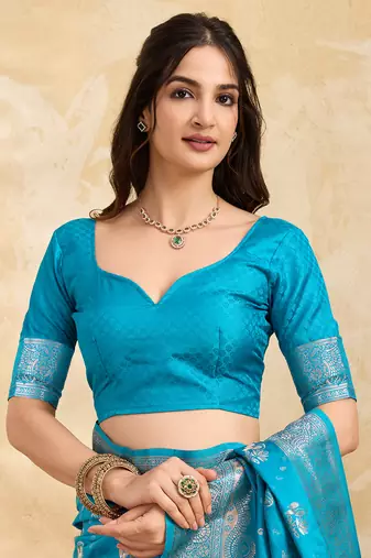 Turquoise Jacquard silk blend Rich Woven Zari Border Traditional Saree With Unstitched Blouse Piece