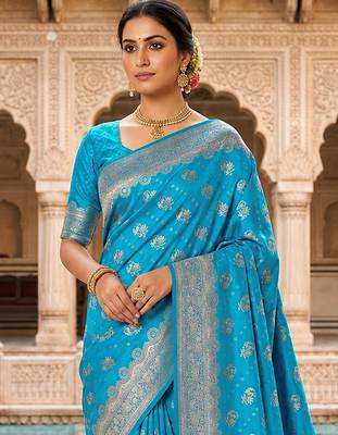 Turquoise Jacquard silk blend Rich Woven Zari Border Traditional Saree With Unstitched Blouse Piece 5