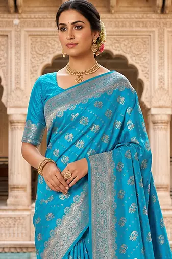 Turquoise Jacquard silk blend Rich Woven Zari Border Traditional Saree With Unstitched Blouse Piece