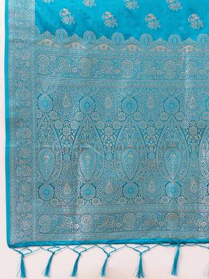 Turquoise Jacquard silk blend Rich Woven Zari Border Traditional Saree With Unstitched Blouse Piece 5