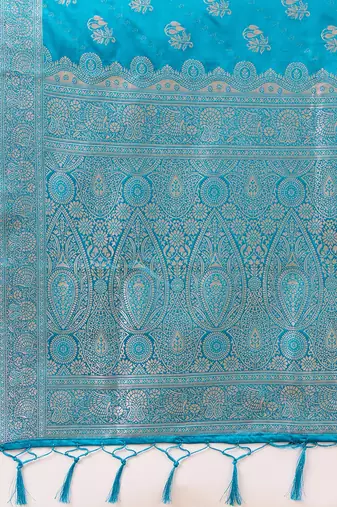 Turquoise Jacquard silk blend Rich Woven Zari Border Traditional Saree With Unstitched Blouse Piece