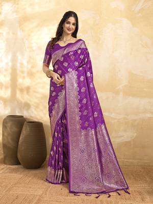 Purple Jacquard silk blend Rich Woven Zari Border Traditional Saree With Unstitched Blouse Piece 1