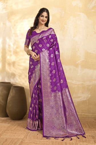 Purple Jacquard silk blend Rich Woven Zari Border Traditional Saree With Unstitched Blouse Piece