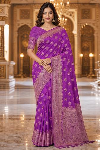 Purple Jacquard silk blend Rich Woven Zari Border Traditional Saree With Unstitched Blouse Piece