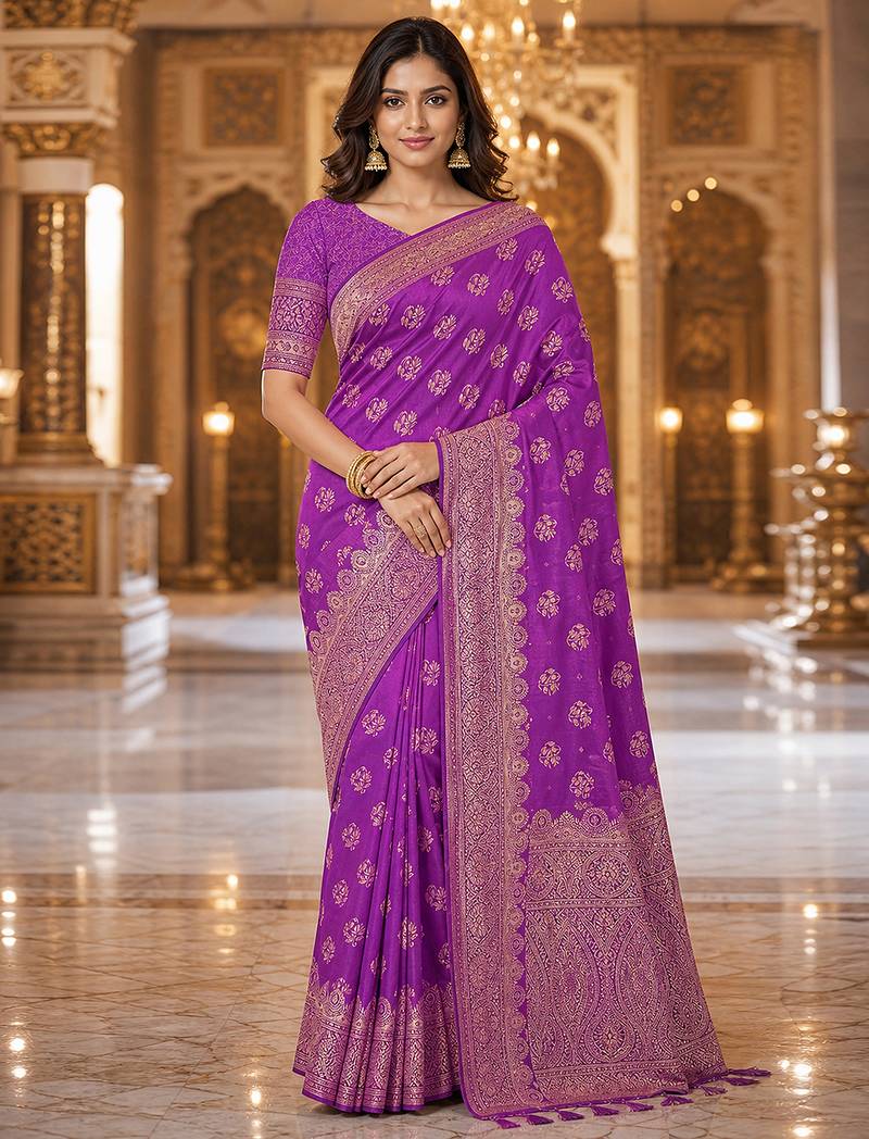 Purple Jacquard silk blend Rich Woven Zari Border Traditional Saree With Unstitched Blouse Piece