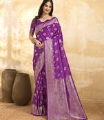 Purple Jacquard silk blend Rich Woven Zari Border Traditional Saree With Unstitched Blouse Piece