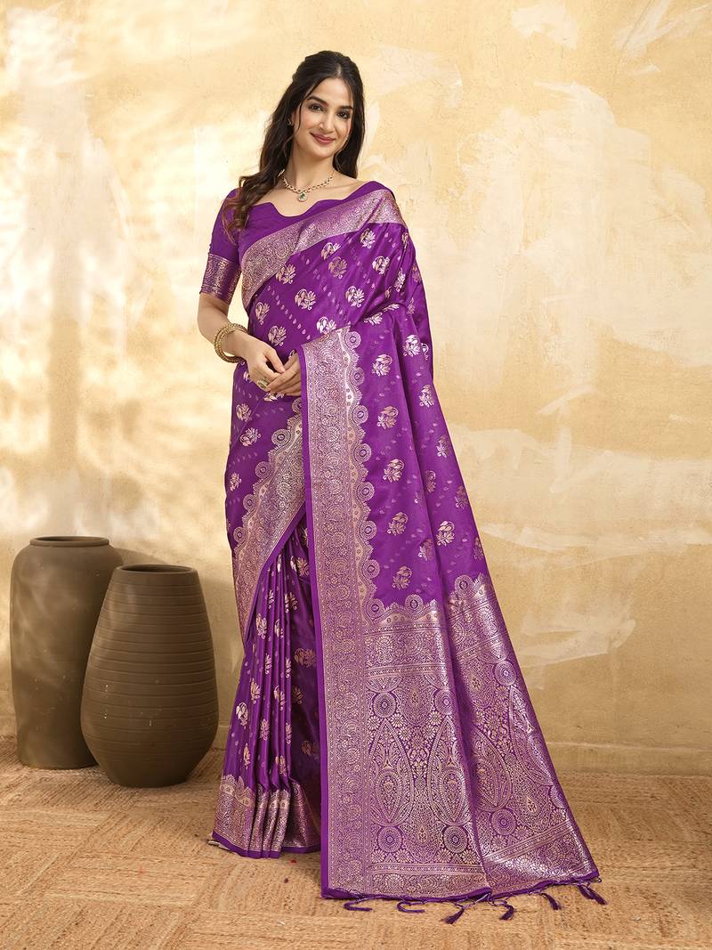 Purple Jacquard silk blend Rich Woven Zari Border Traditional Saree With Unstitched Blouse Piece