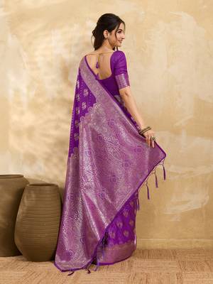 Purple Jacquard silk blend Rich Woven Zari Border Traditional Saree With Unstitched Blouse Piece 2
