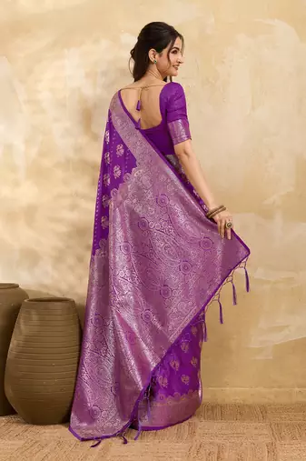 Purple Jacquard silk blend Rich Woven Zari Border Traditional Saree With Unstitched Blouse Piece