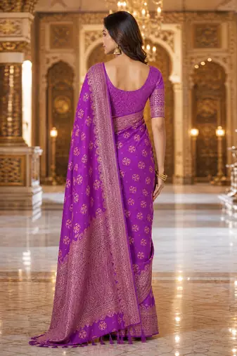 Purple Jacquard silk blend Rich Woven Zari Border Traditional Saree With Unstitched Blouse Piece
