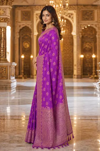 Purple Jacquard silk blend Rich Woven Zari Border Traditional Saree With Unstitched Blouse Piece