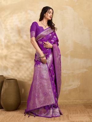 Purple Jacquard silk blend Rich Woven Zari Border Traditional Saree With Unstitched Blouse Piece 3